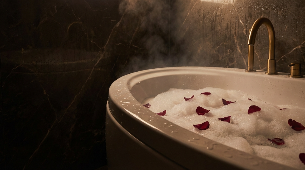 Luxury soapland bath with rose petals