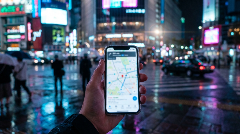 Tokyo night street with smartphone navigation